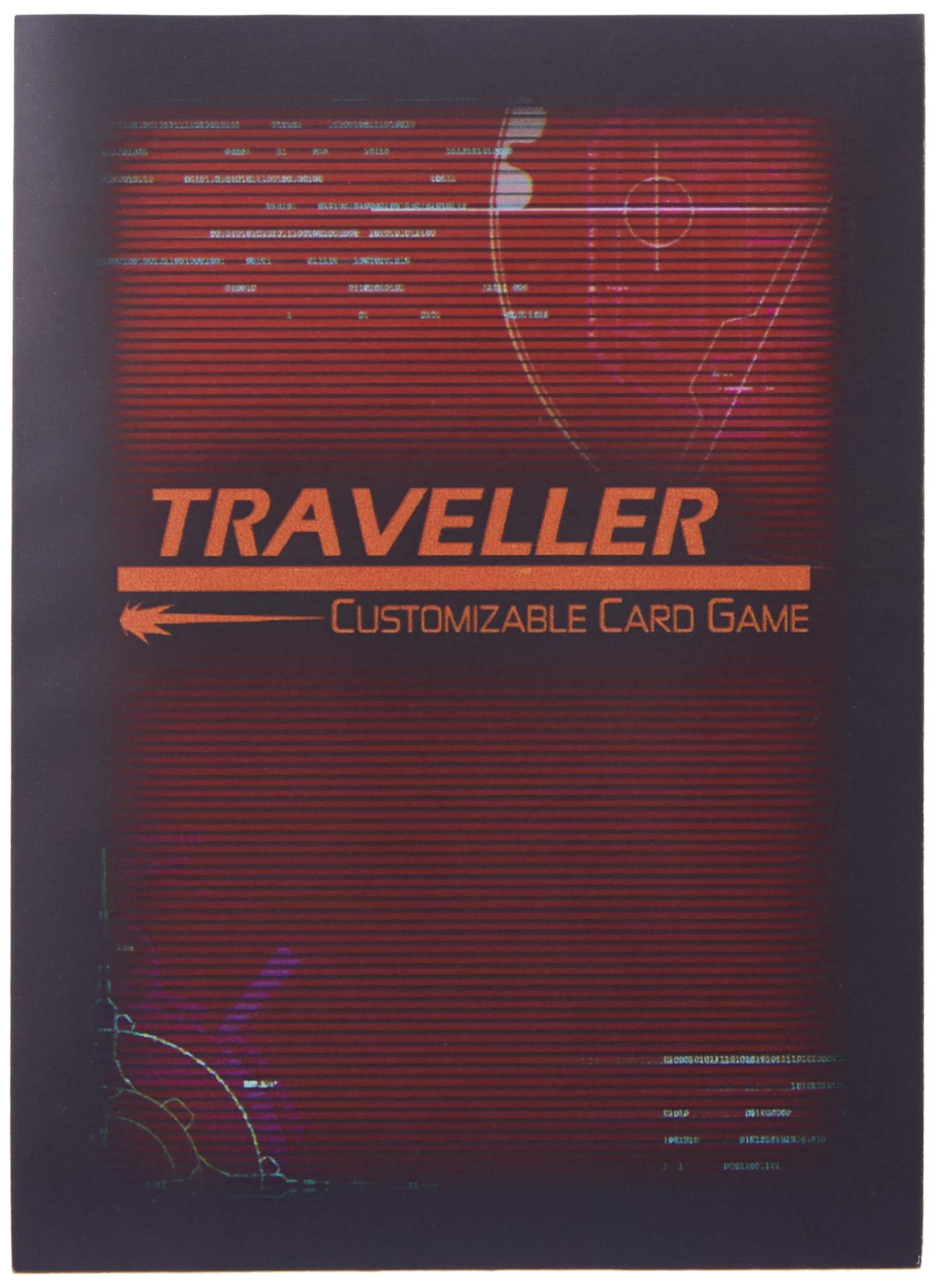 A Far Future Traveller CCG Card Sleeve features a dark screen with red horizontal lines, orange Traveller Customizable Card Game text, and faint futuristic data graphics
