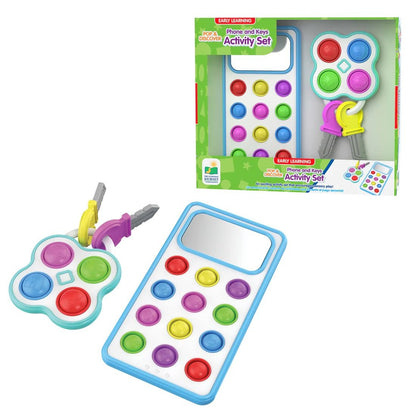 Sensory phone and keys pop fidget toy set with colourful silicone bubbles, displayed in packaging and separately