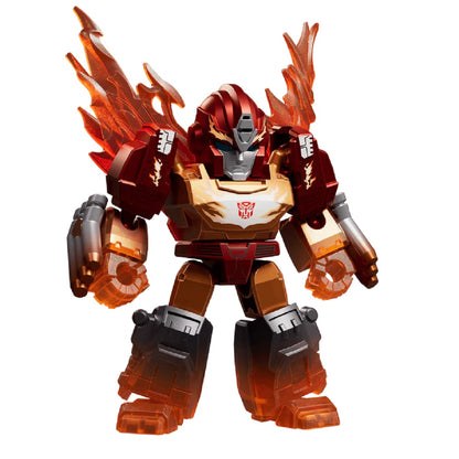 Chibi Transformers robot (red/gold) with translucent orange flame wings and glowing fists, standing