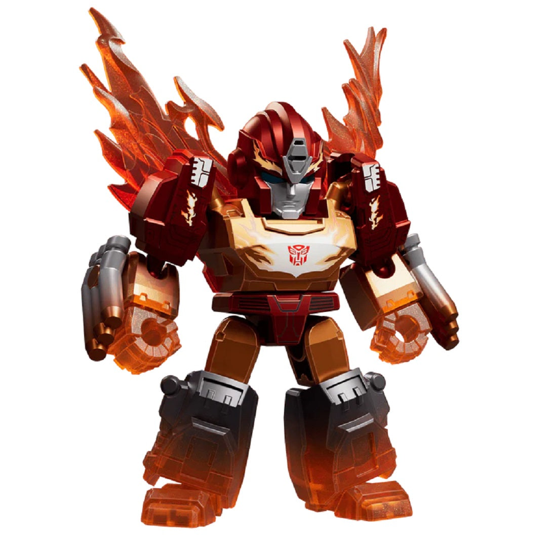 Chibi-style Transformers Rodimus Prime figure in red and gold armor with translucent orange flame effects