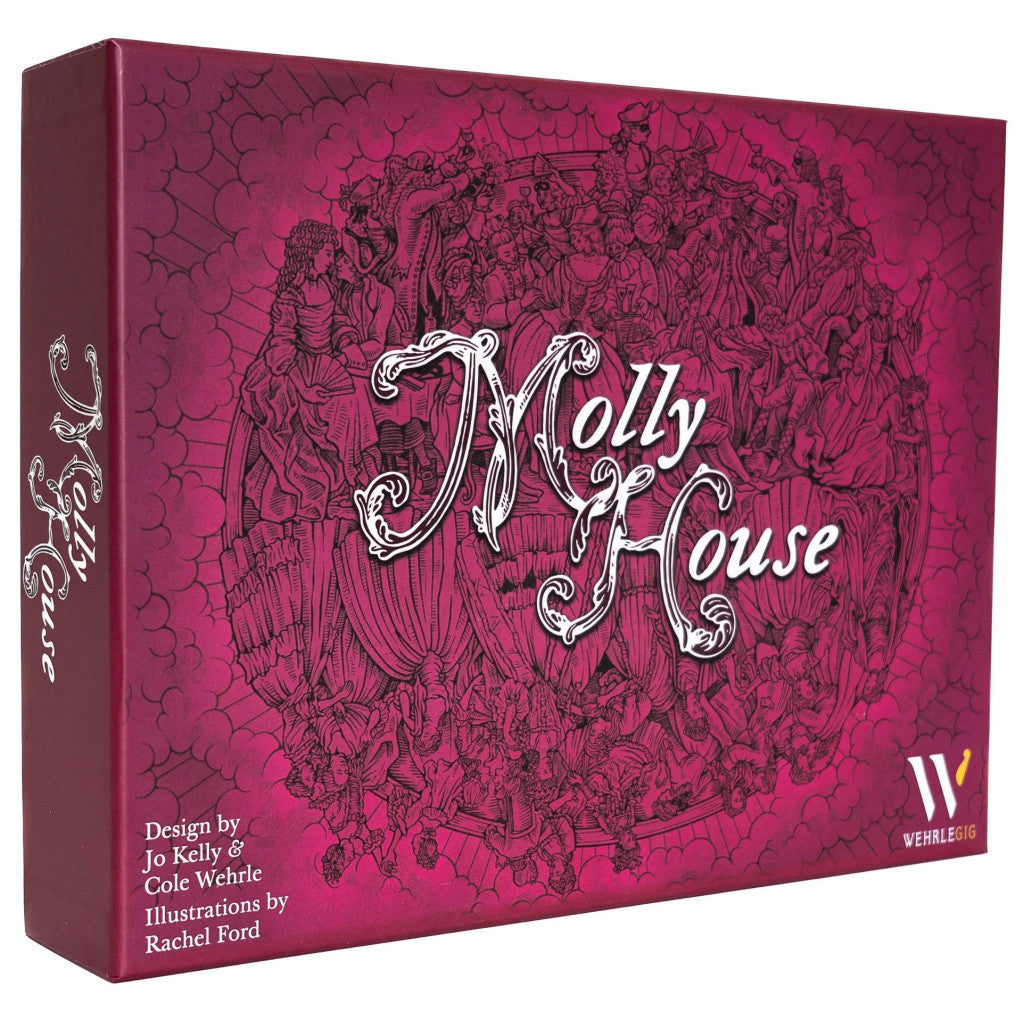Molly House board game box in deep magenta featuring an intricate central black and white illustration and elegant white title script