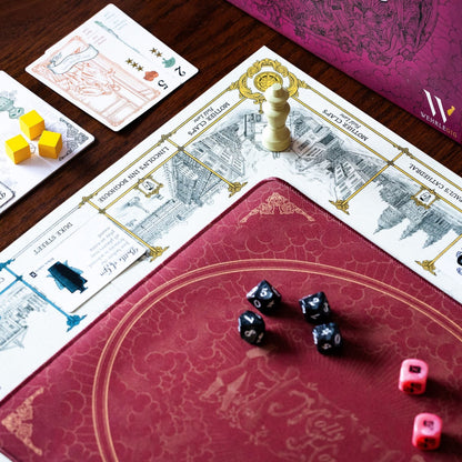 Overhead shot showing the historical Molly House board game components including a detailed map section a decorative red mat a chess piece and scattered black and pink dice