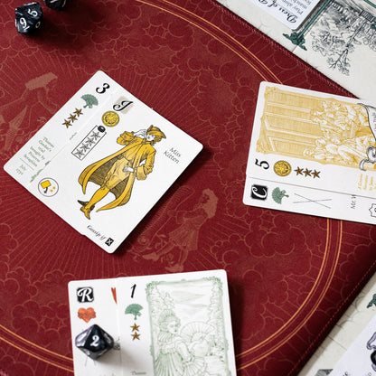 Several historical Molly House game cards, including the character card "Miss Kitten," are spread across a rich, custom burgundy game mat alongside a black numbered die