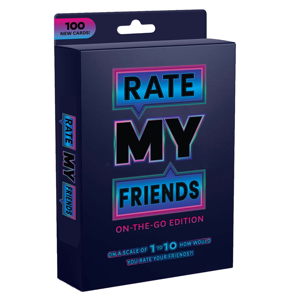 Rate My Friends On-The-Go Edition card game box showing 100 new cards and game title