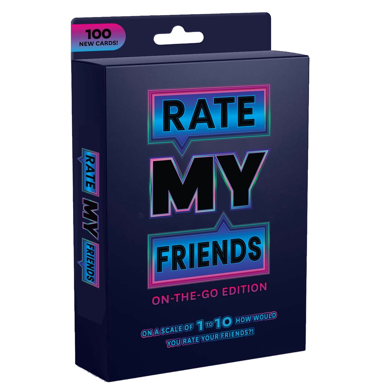 Rate My Friends On-The-Go Edition card game box showing 100 new cards and game title