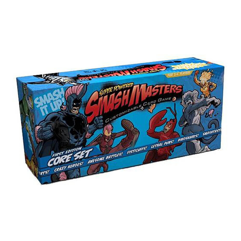 Blue Super Powered Smash Masters Customizable Card Game Core Set box featuring various comic-style characters on the front