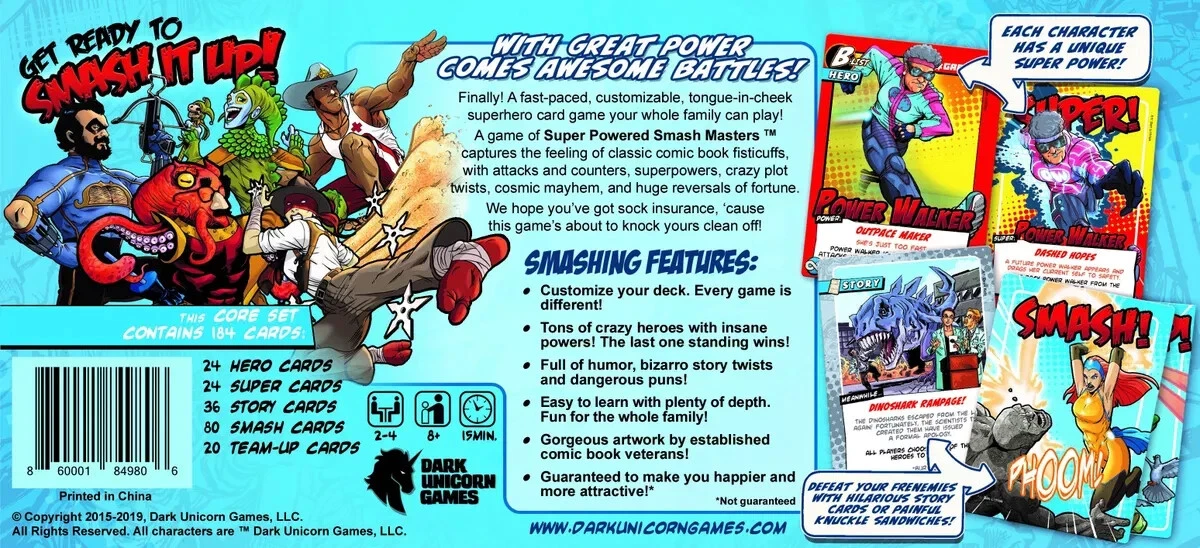 Super Powered Smash Masters Customizable Card Game Core Set box art displays comic heroes in action, game features, and example playing cards