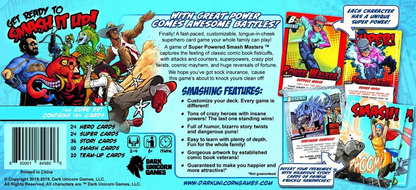 Super Powered Smash Masters Customizable Card Game Core Set box art displays comic heroes in action, game features, and example playing cards