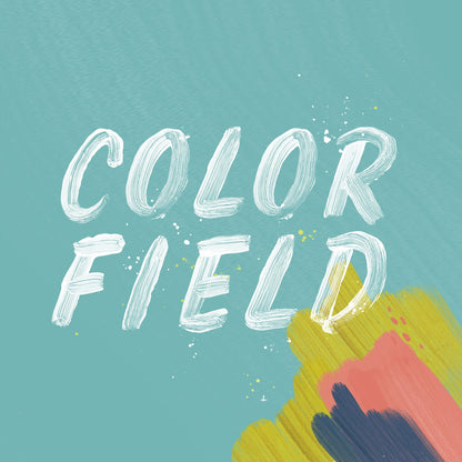 White brushstroke text that reads COLOR FIELD on a teal background with colorful abstract paint strokes and speckles