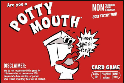 Red card game box for Potty Mouth featuring a cartoon toilet with red lips and eyes yelling profanity symbols in a speech bubble