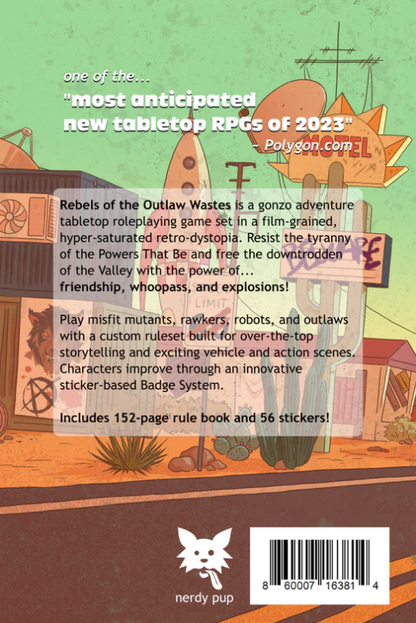 Back cover of Rebels of the Outlaw Wastes RPG with game description and artwork
