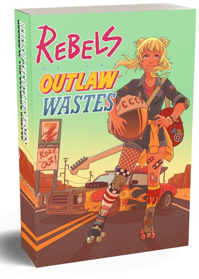 Rebels of the Outlaw Wastes Roleplaying Game box side front view with vibrant post-apocalyptic cover art