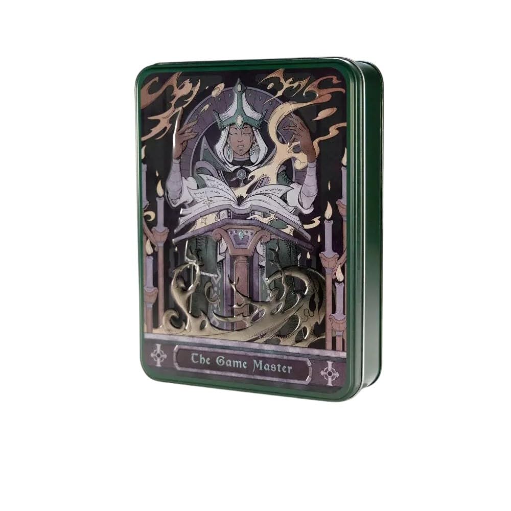 A dark green metal tin featuring an illustration of a robed figure reading a book with candles and mystical swirls, labeled The Game Master, viewed at an angle