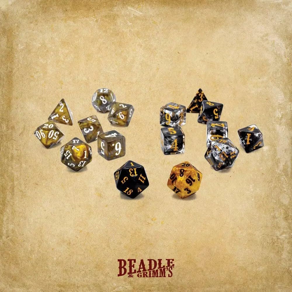 A collection of varied polyhedral dice in black, gold, and clear colors scattered on a textured brown surface