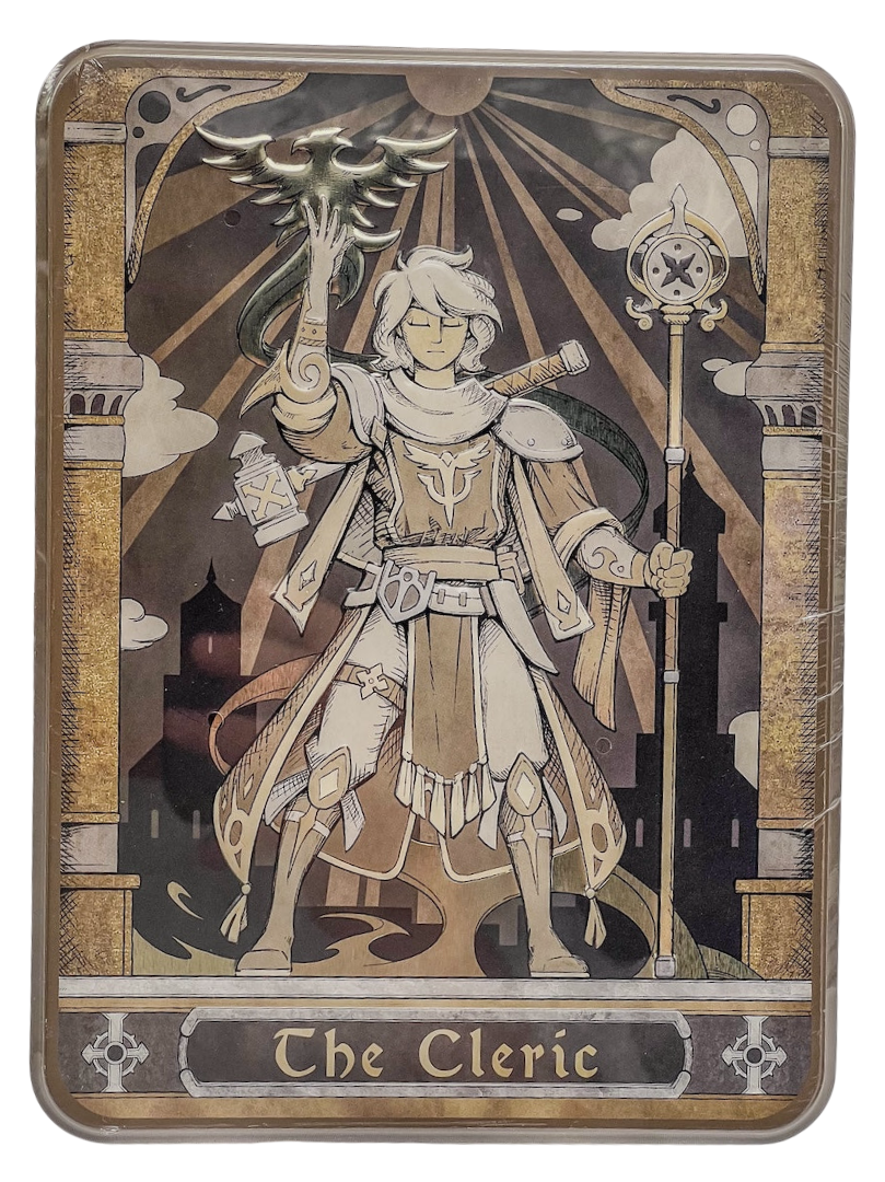 A rectangular tin with an illustration of a fantasy character labeled &#39;The Cleric&#39; wearing ornate armor and holding a staff and hammer