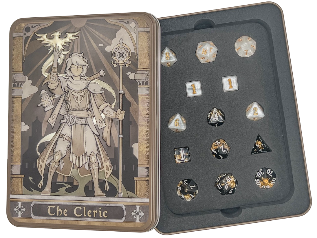 An open The Cleric dice set tin with a character illustration on the lid and various polyhedral dice in the tray