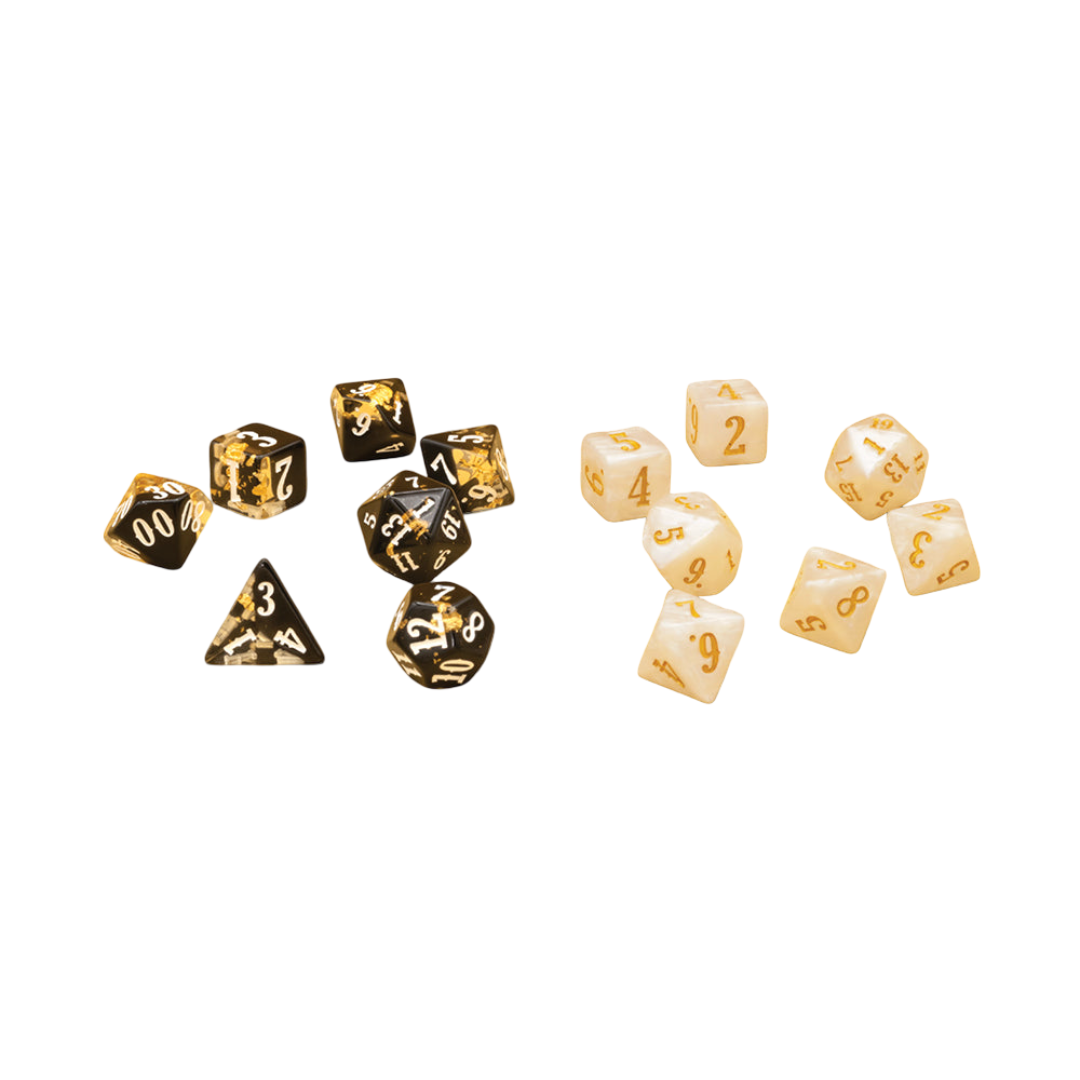 Two Cleric dice sets are shown, one dark with gold flakes and numbers, the other translucent with gold numbers