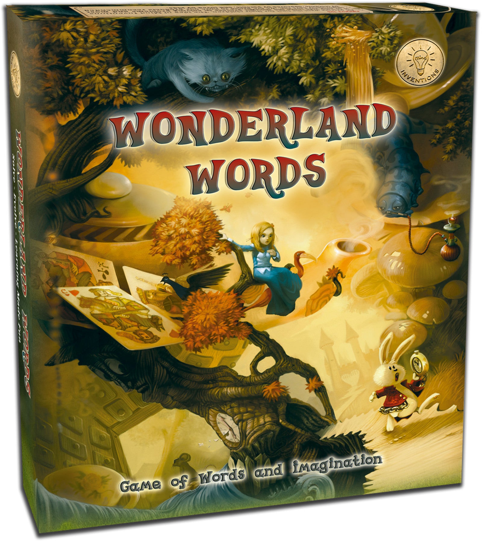 Wonderland Words game box: Alice-like girl on teapot, with Cheshire Cat, Caterpillar, White Rabbit. "Game of Words and Imagination."