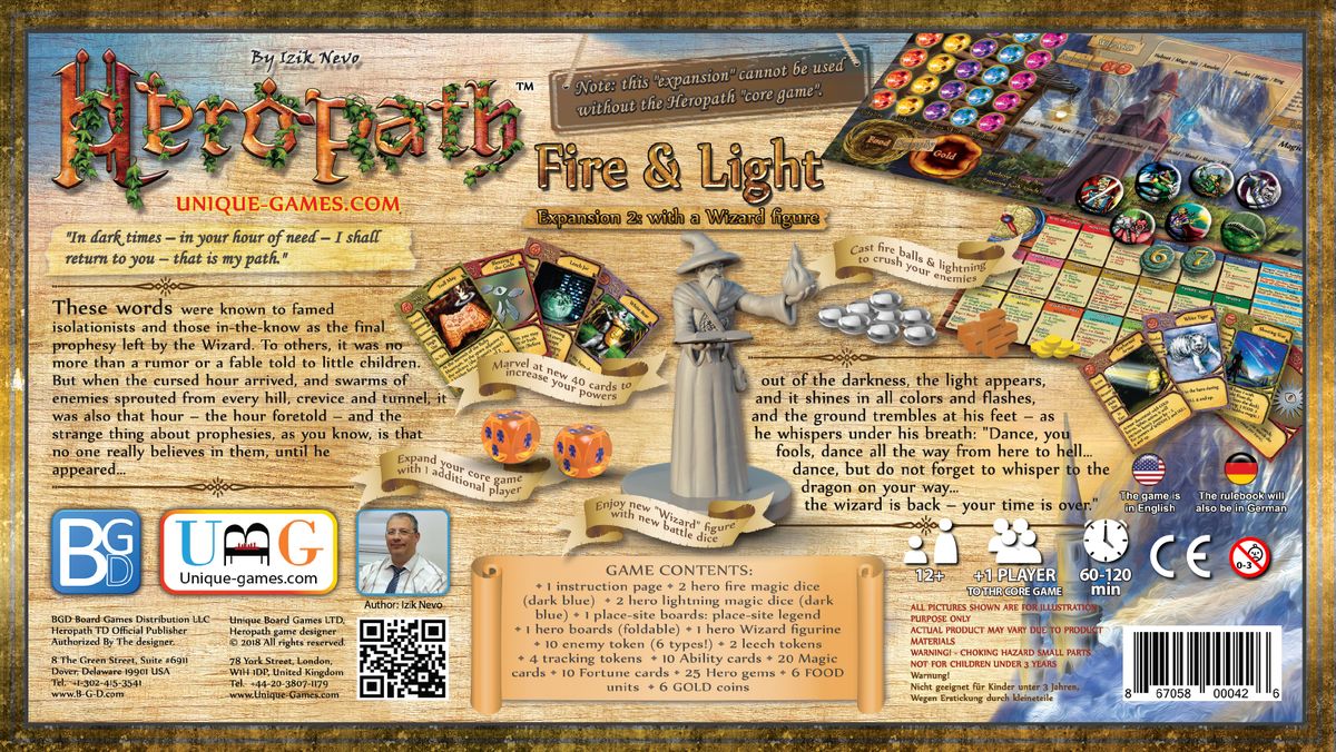 Heropath: Fire Light Expansion box back featuring detail and game displayed