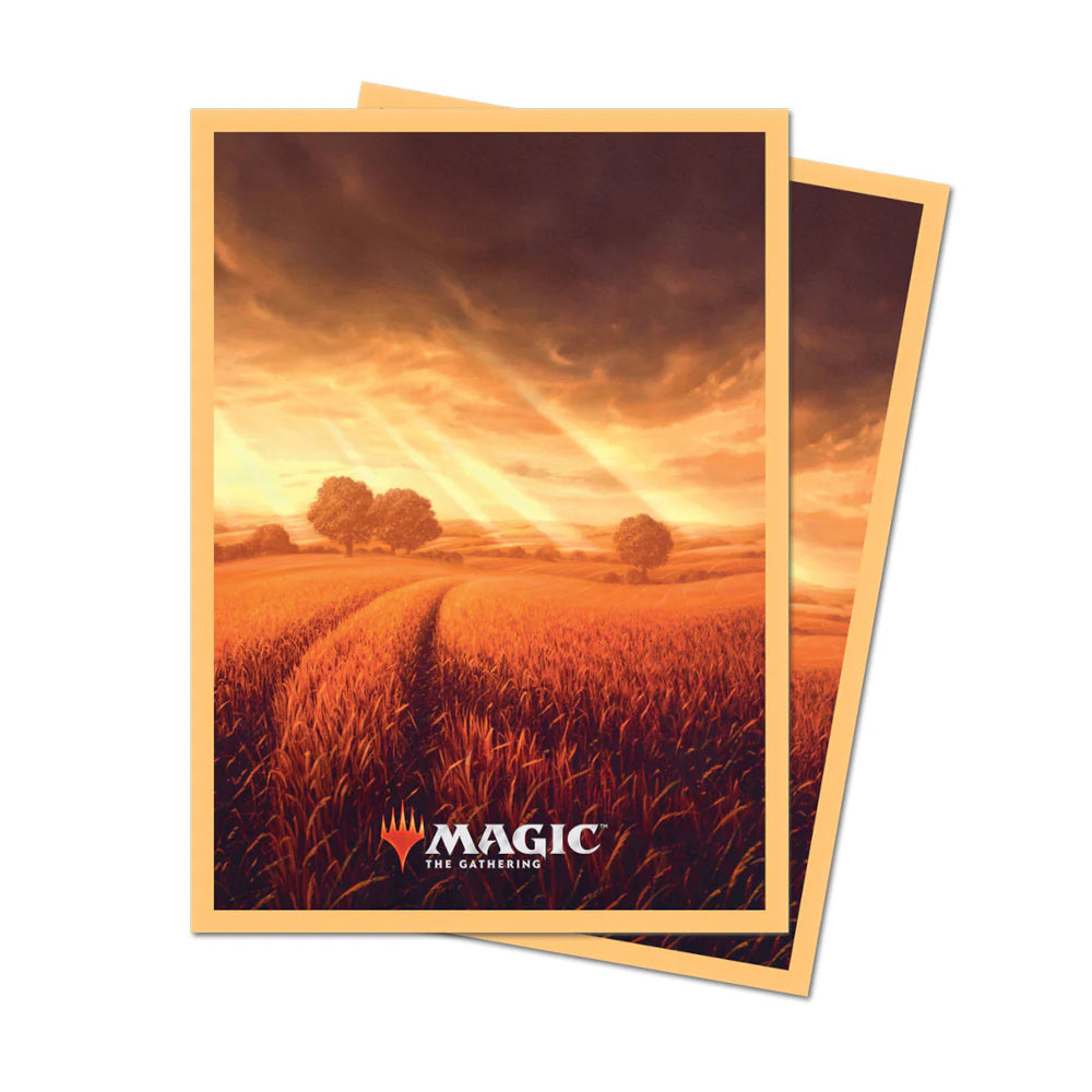 Magic: The Gathering card sleeves with a golden field, winding path and sun rays through dark clouds
