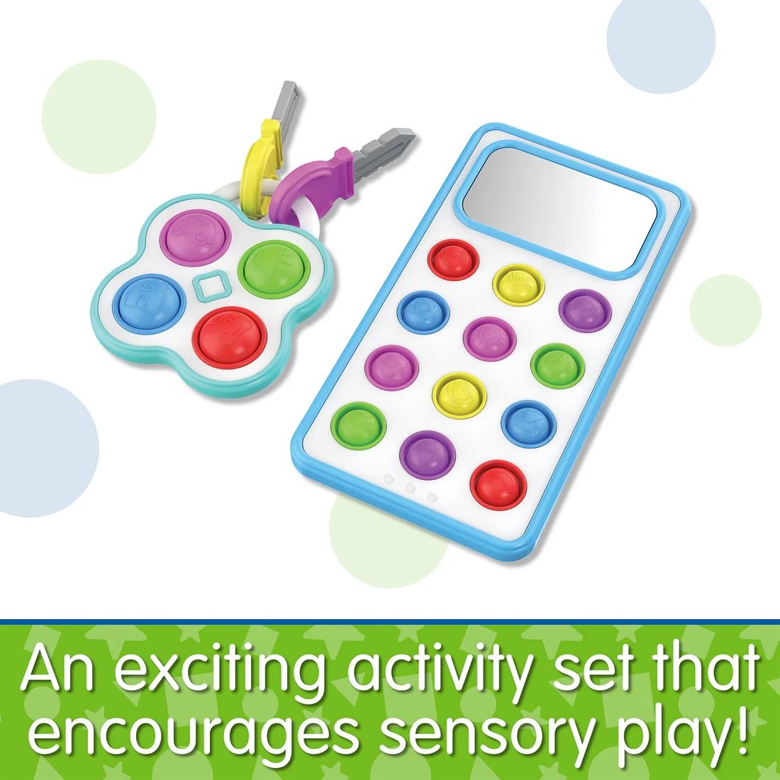 Colourful sensory pop button toy phone and key fob set with plastic keys