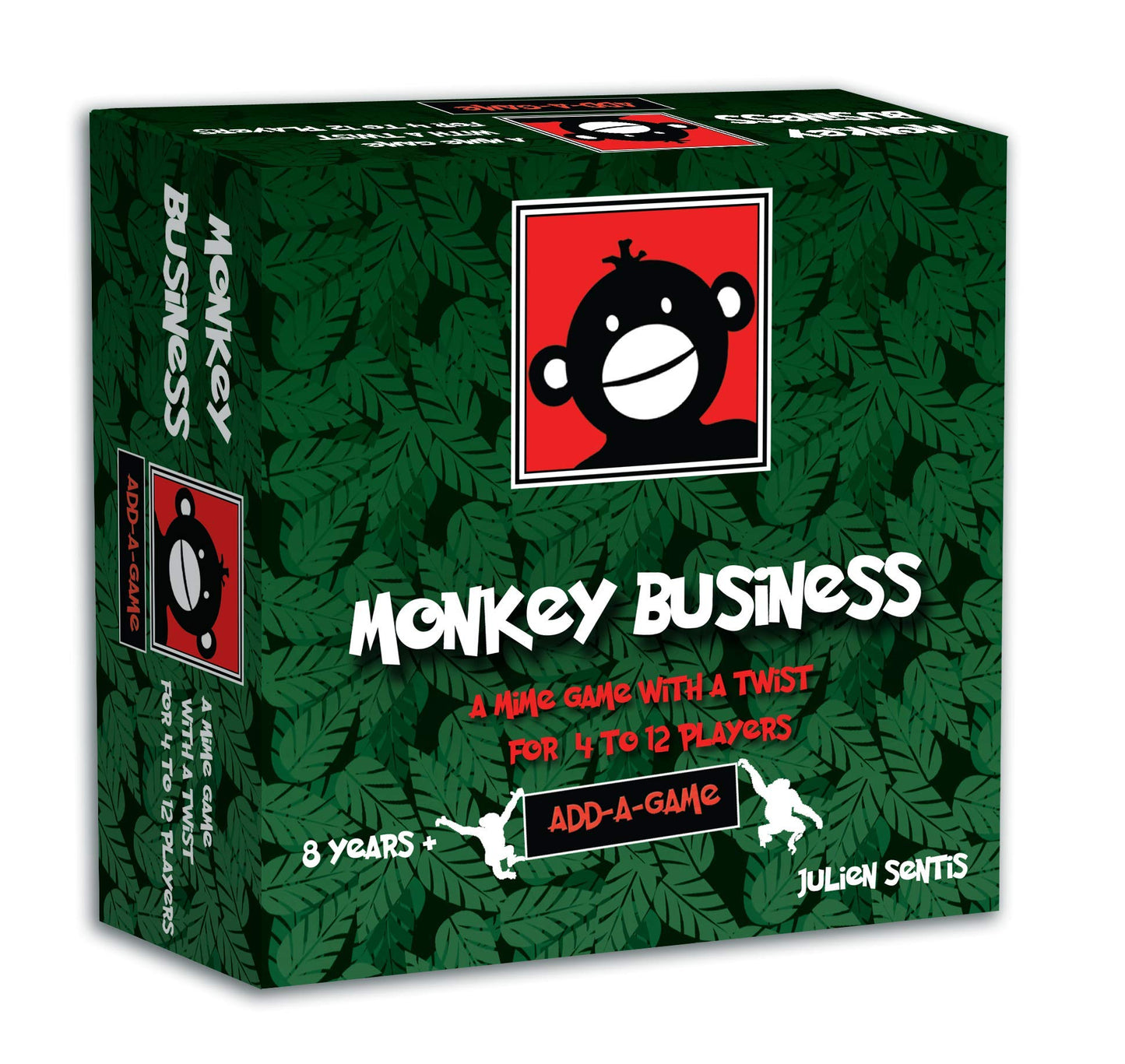 The Monkey Business game box features a dark green leaf pattern, a black monkey's face on a red square, and text for a mime game for 4 to 12 players