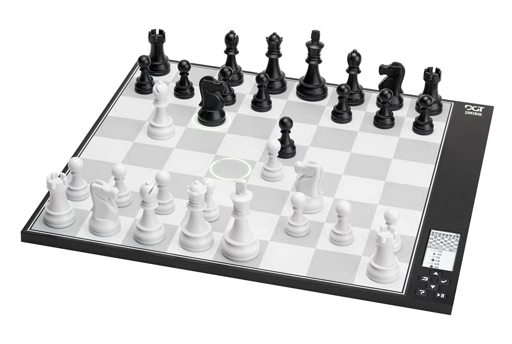 A DGT Centaur electronic chessboard features black and white pieces on its gray and white squares, with illuminated move hints and a black control panel showing a screen and buttons