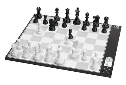 A DGT Centaur electronic chessboard features black and white pieces on its gray and white squares, with illuminated move hints and a black control panel showing a screen and buttons
