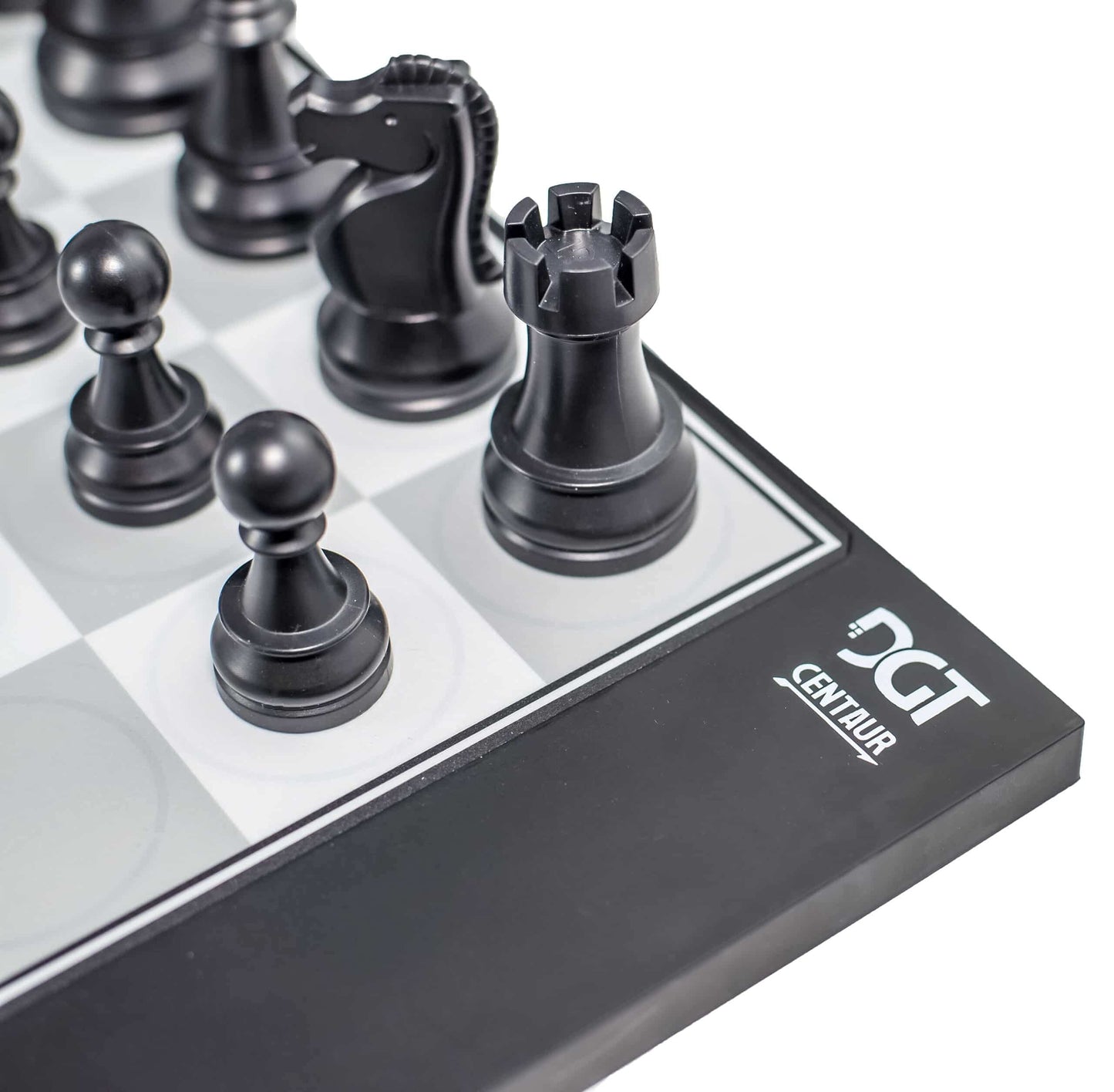 A close-up, angled image of the DGT Centaur Chess Computer featuring black pawns, a knight, and a rook on a grey and white checkered board with the DGT Centaur logo on the black border