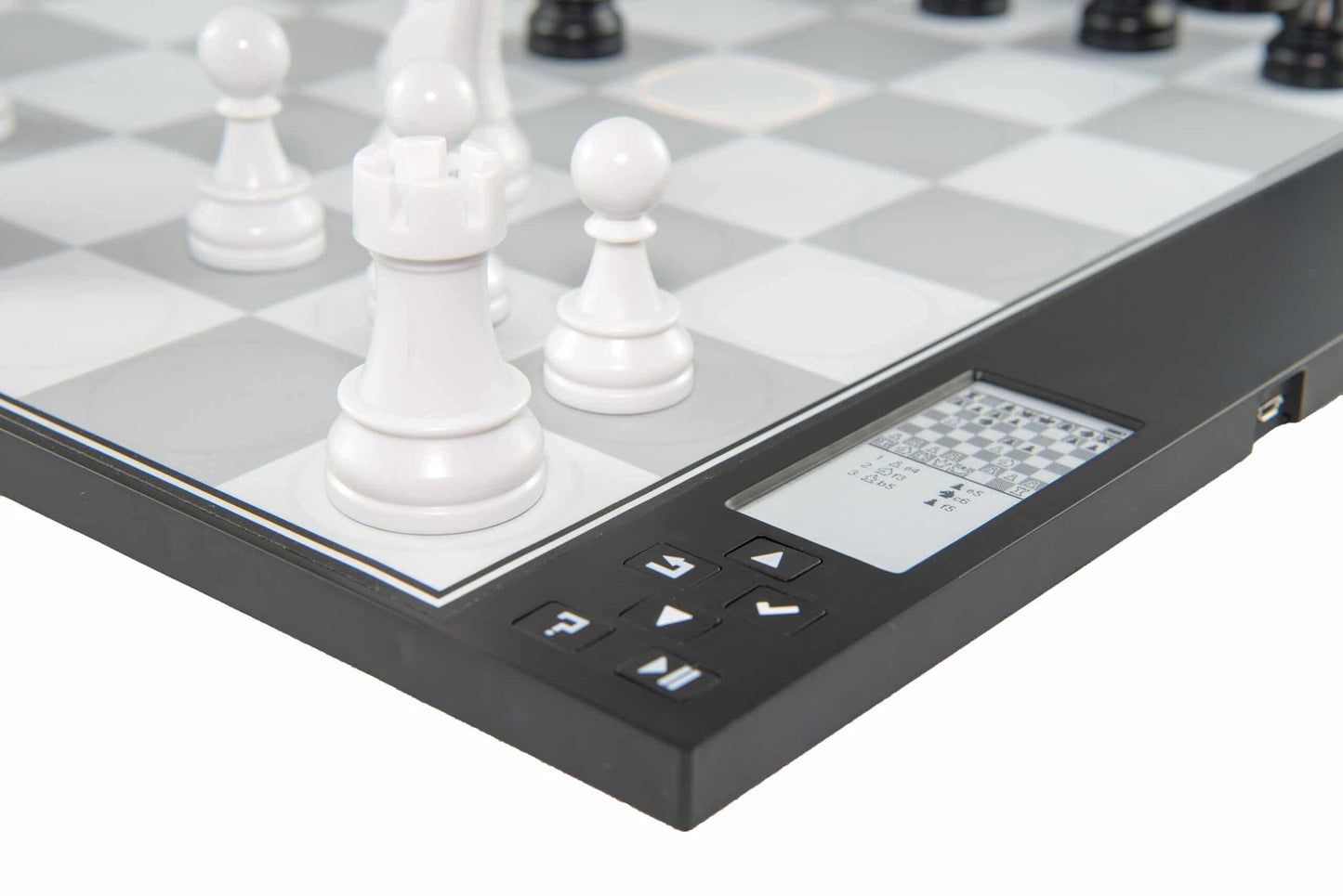 A DGT Centaur Chess Computer displays a grey and white chessboard with several white pieces and a black control panel featuring a small screen showing move notation and white navigation buttons