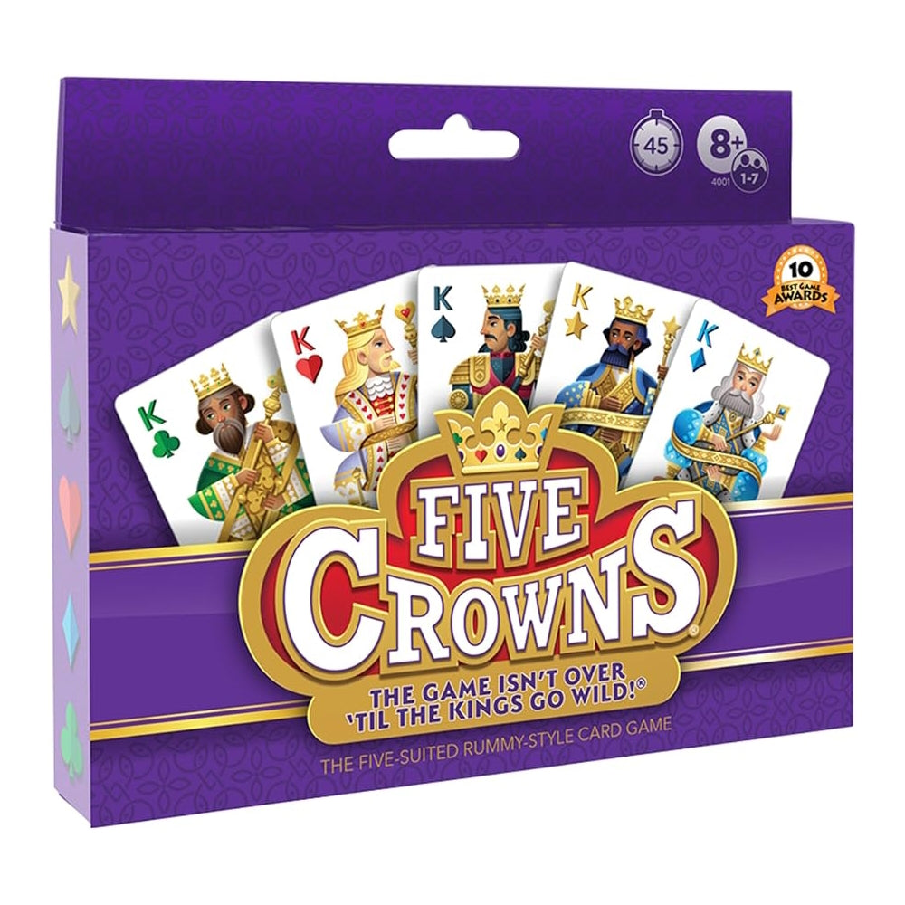 Five Crowns card game box, showing five King playing cards and the purple logo