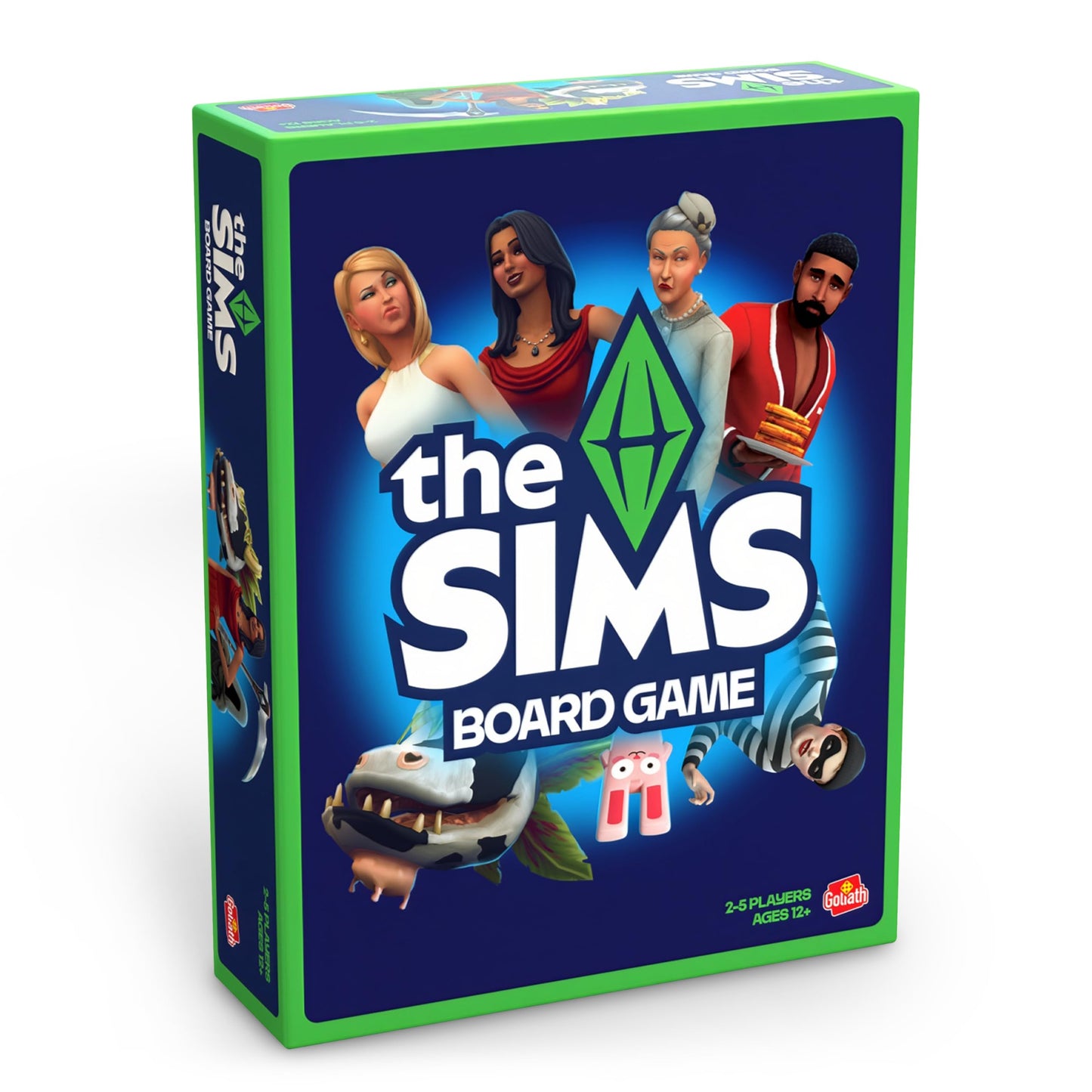 Board game packaging for The Sims features diverse Sim characters and iconic elements like the green plumbob, a burglar, and a cow plant against a vivid blue background
