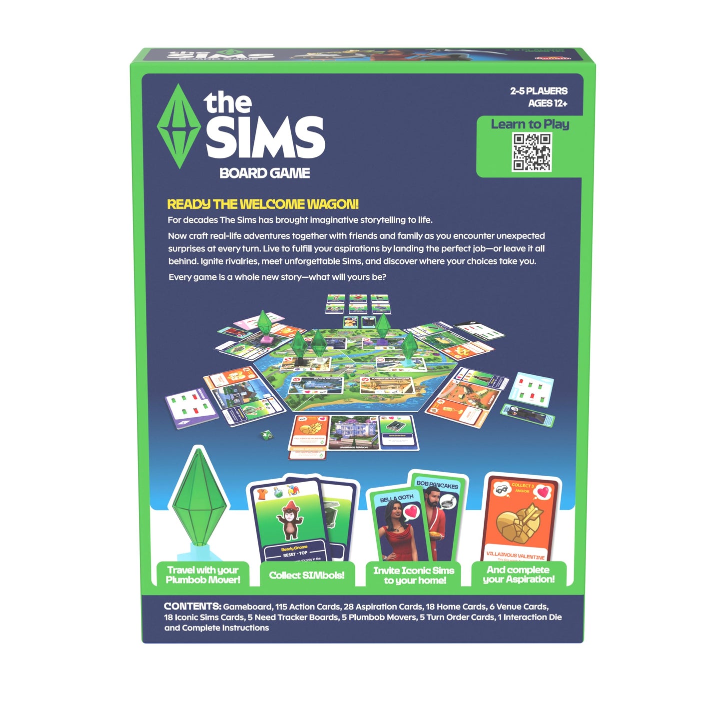 The back of The Sims Board Game box features a sample game setup including green Plumbob movers and cards, confirming it is for 2-5 players ages 12 plus and lists the contents