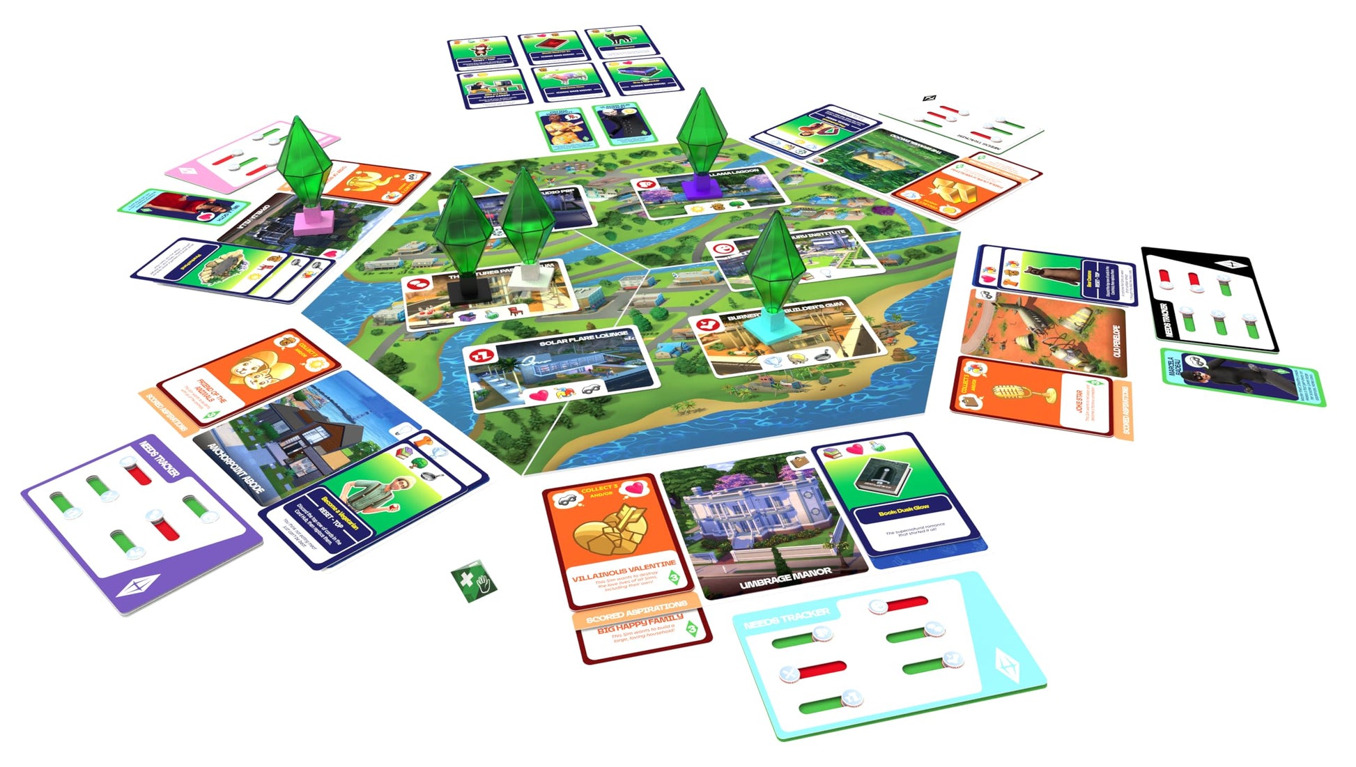 A complete setup of The Sims board game showing the hexagonal map, four green plumbob game pieces, and assorted colorful cards including need trackers and location tiles