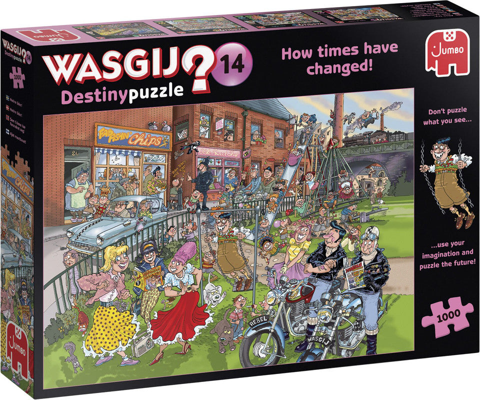 Wasgij Destiny 14 How Times Have Changed 1000 piece puzzle showing vintage street scene with cars and people playing in a park