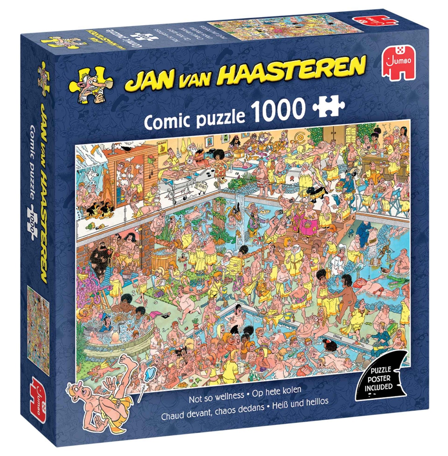 Jan van Haasteren Not so wellness 1000 piece comic puzzle box displaying a highly detailed illustration of a chaotic, overcrowded spa and indoor pool