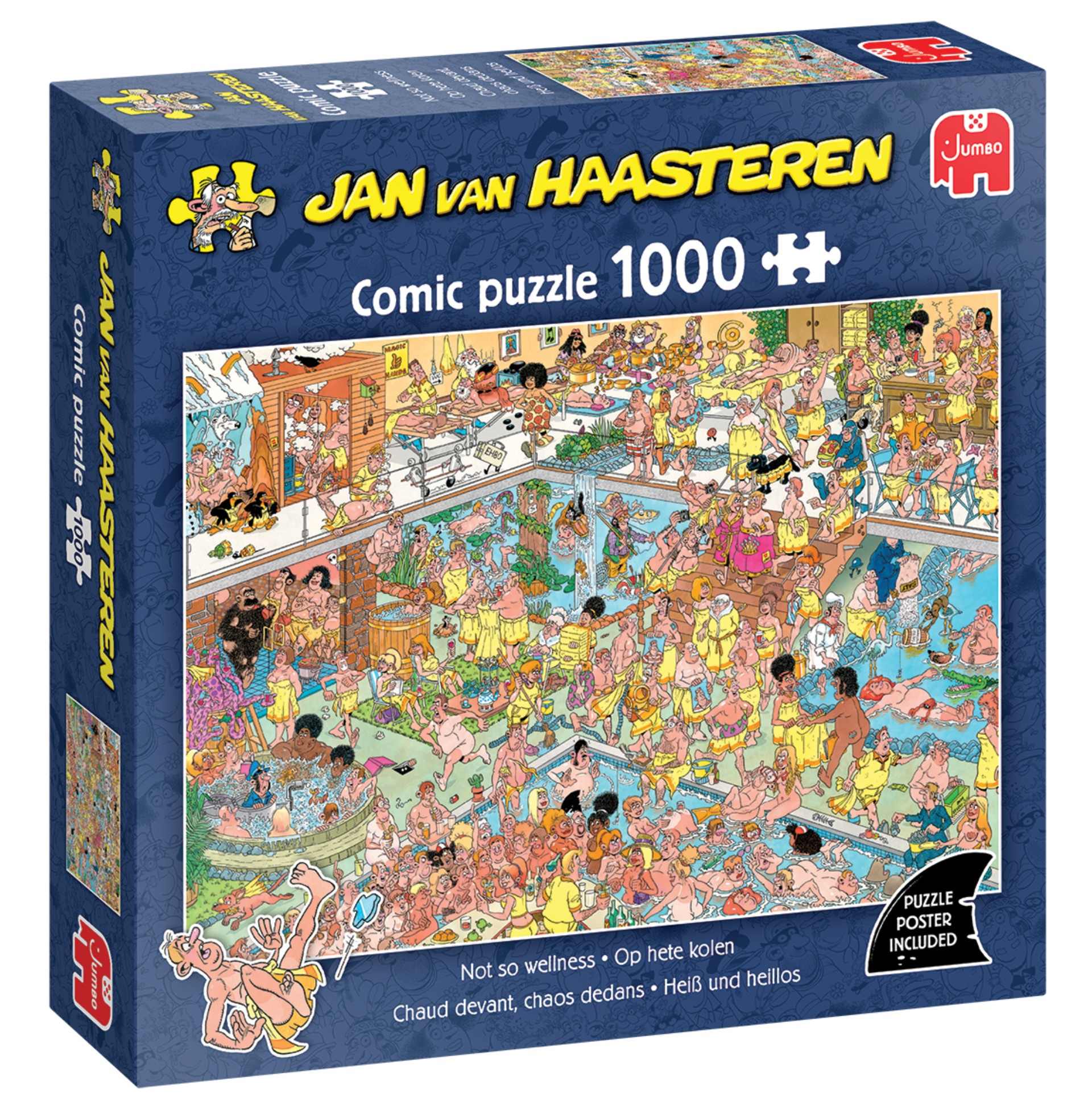Jan van Haasteren Not so wellness 1000 piece comic puzzle box displaying a highly detailed illustration of a chaotic, overcrowded spa and indoor pool