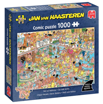 Jan van Haasteren Not so wellness 1000 piece comic puzzle box displaying a highly detailed illustration of a chaotic, overcrowded spa and indoor pool