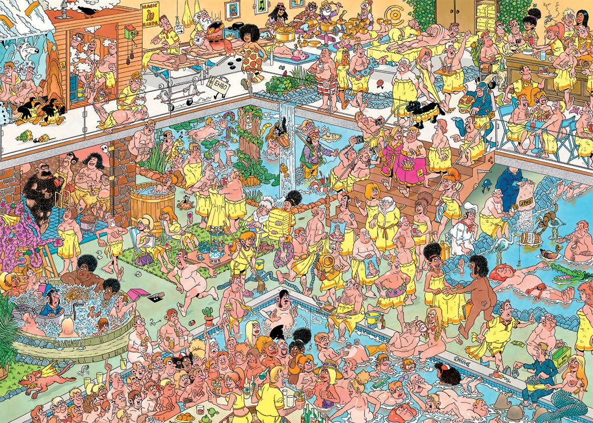 A busy and humorous cartoon illustration depicts the "Not so wellness" scene of a chaotic indoor spa filled with nearly naked people in yellow towels surrounding a large pool and sauna