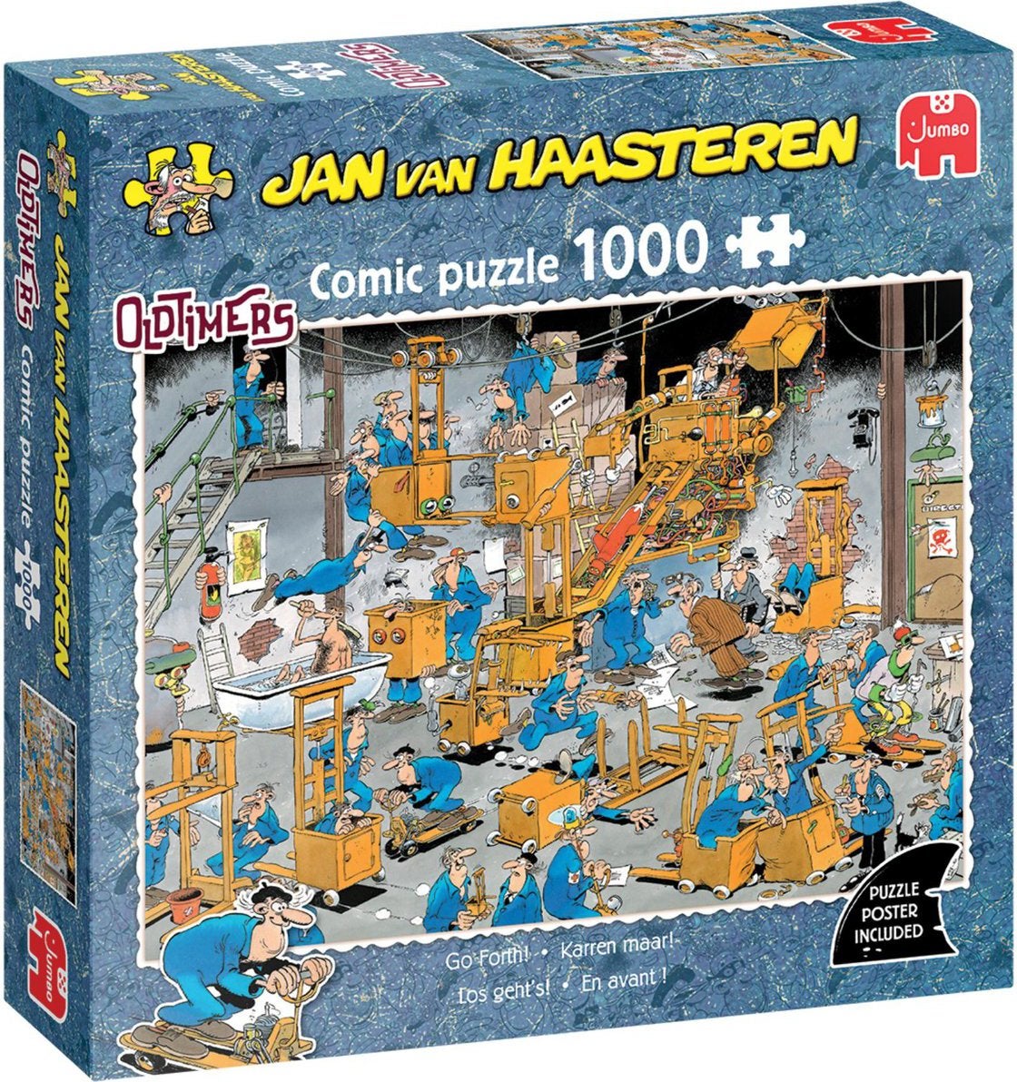 JVH Oldtimers 1000 piece puzzle box displaying the detailed Go Forth comic illustration of chaotic workers assembling yellow machinery
