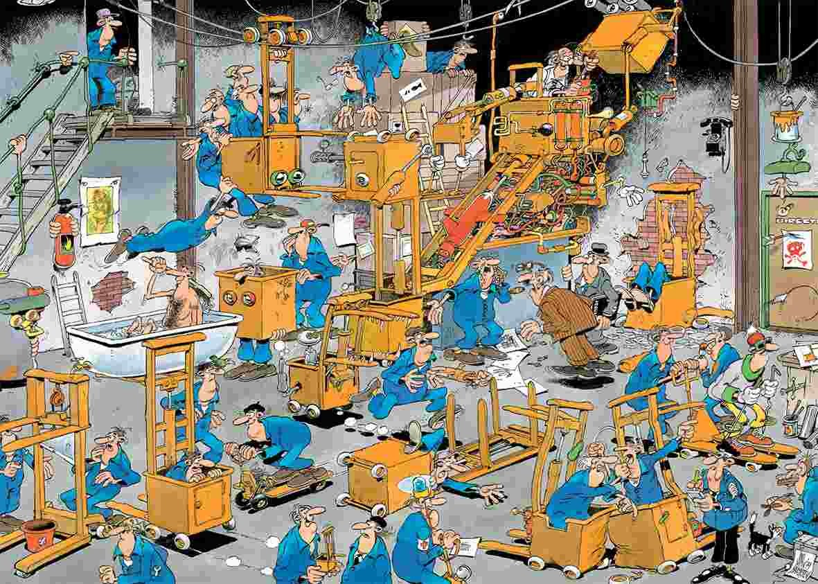 A chaotic Jan van Haasteren cartoon factory scene featuring dozens of comical workers interacting with strange yellow conveyor belts and collapsing equipment