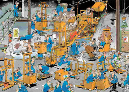 A chaotic Jan van Haasteren cartoon factory scene featuring dozens of comical workers interacting with strange yellow conveyor belts and collapsing equipment