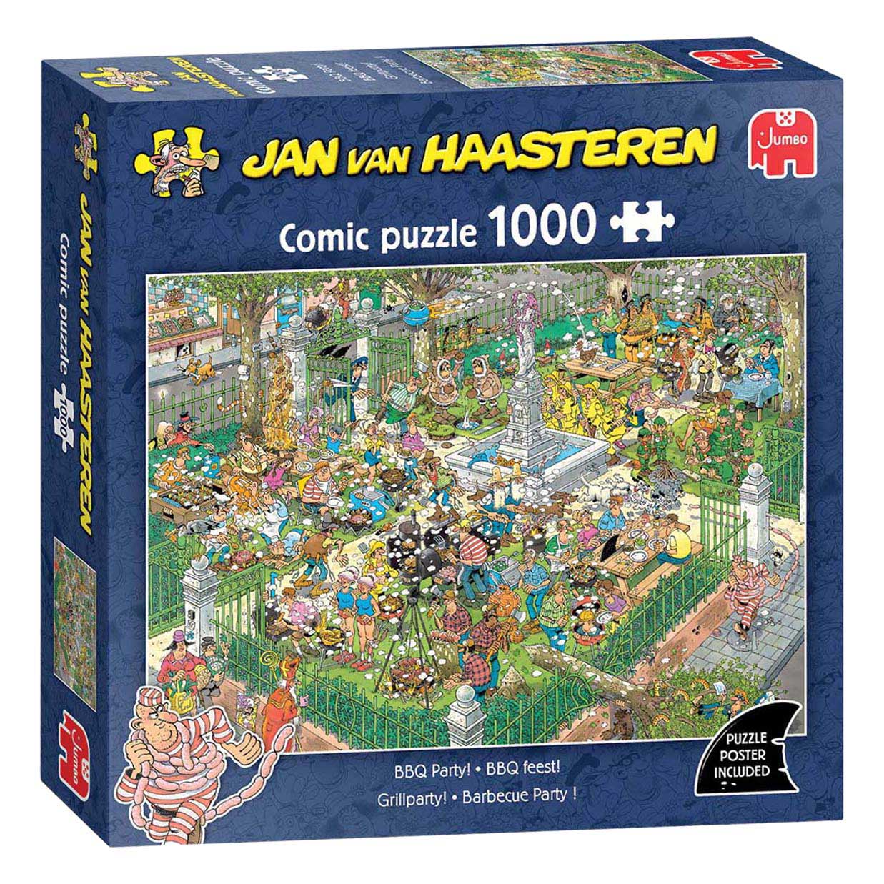 A dark blue Jan van Haasteren 1000-piece puzzle box titled "BBQ Party" shows the humorous highly detailed illustration of a massive outdoor grilling event