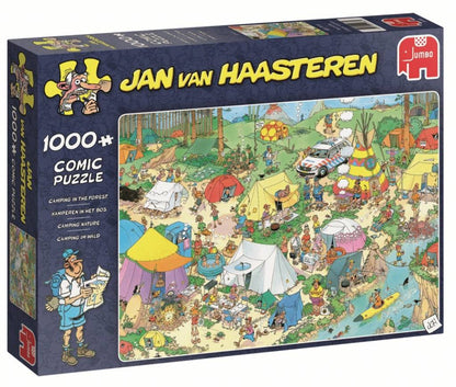 JVH's 1000 piece Comic Puzzle box for "Camping in the Forest" shows the colorful illustration of a busy, humorous, and crowded campsite