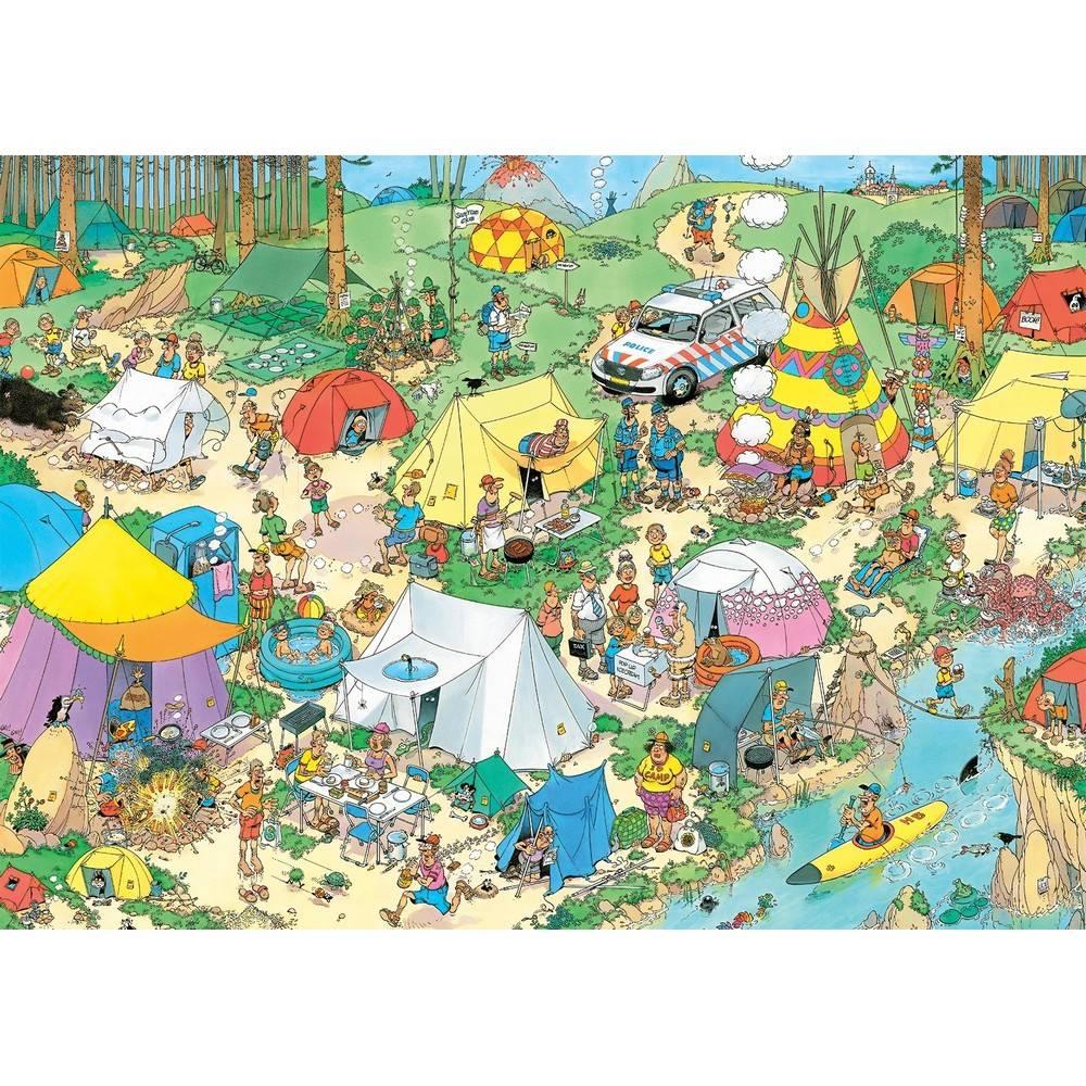 JVH 1000-piece jigsaw puzzle image showing a detailed, busy cartoon scene of a crowded forest campsite with colorful tents, a police car, and numerous chaotic activities