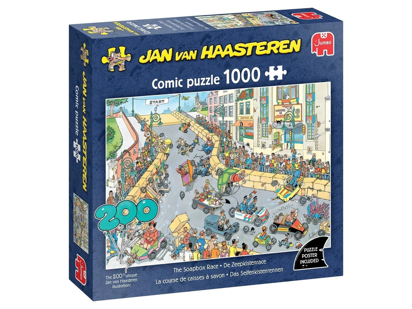 A blue boxed 1000 piece Jan van Haasteren Comic puzzle depicting The Soapbox Race, showing a busy cartoon illustration of soapbox carts crashing down a crowded street filled with spectators