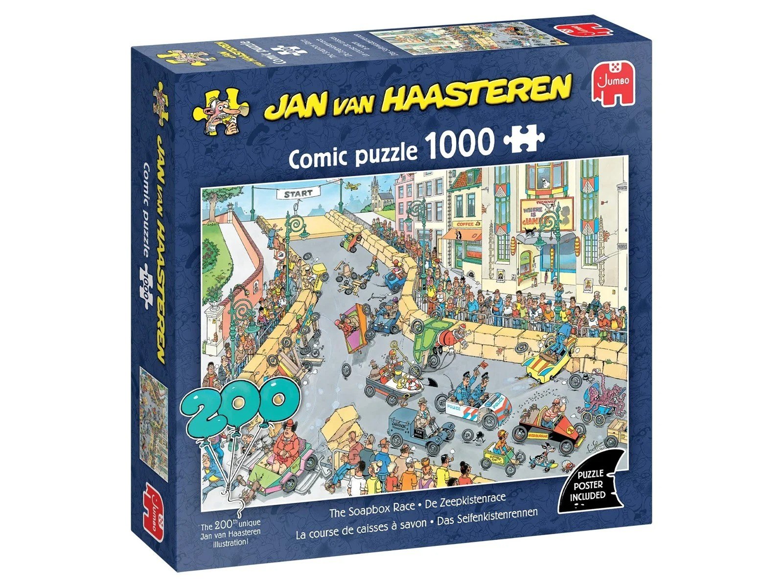 A blue boxed 1000 piece Jan van Haasteren Comic puzzle depicting The Soapbox Race, showing a busy cartoon illustration of soapbox carts crashing down a crowded street filled with spectators