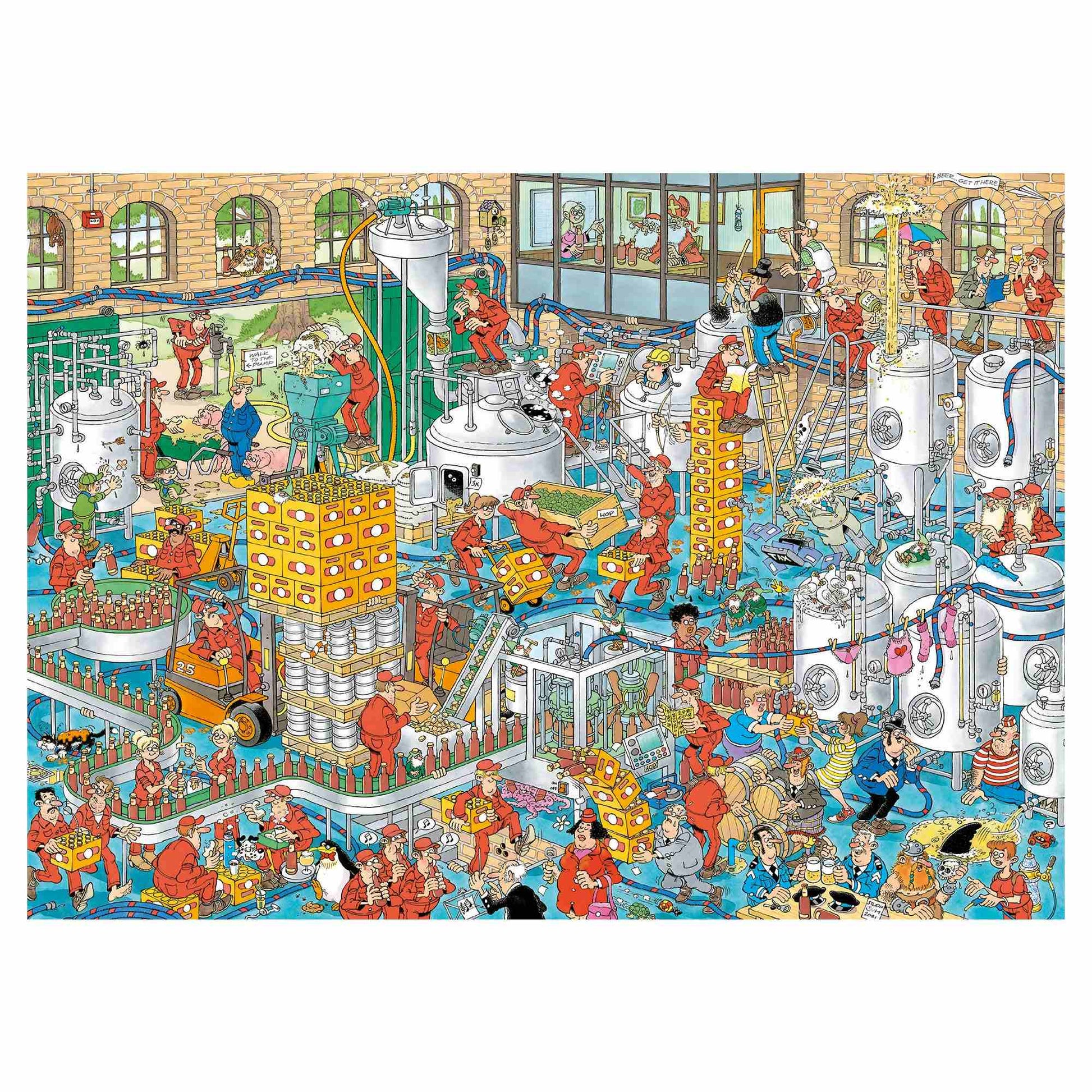 The Craft Brewery 1000-piece puzzle artwork illustrating a sprawling, humorous cartoon scene of chaos among red-suited workers and massive beer tanks