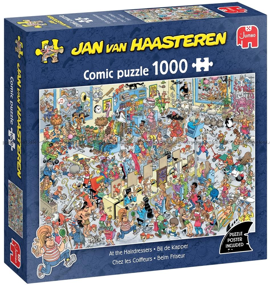 The Jan van Haasteren 1000-piece comic puzzle box, titled At the Hairdressers, displays a busy and humorous illustration of a chaotic beauty salon scene