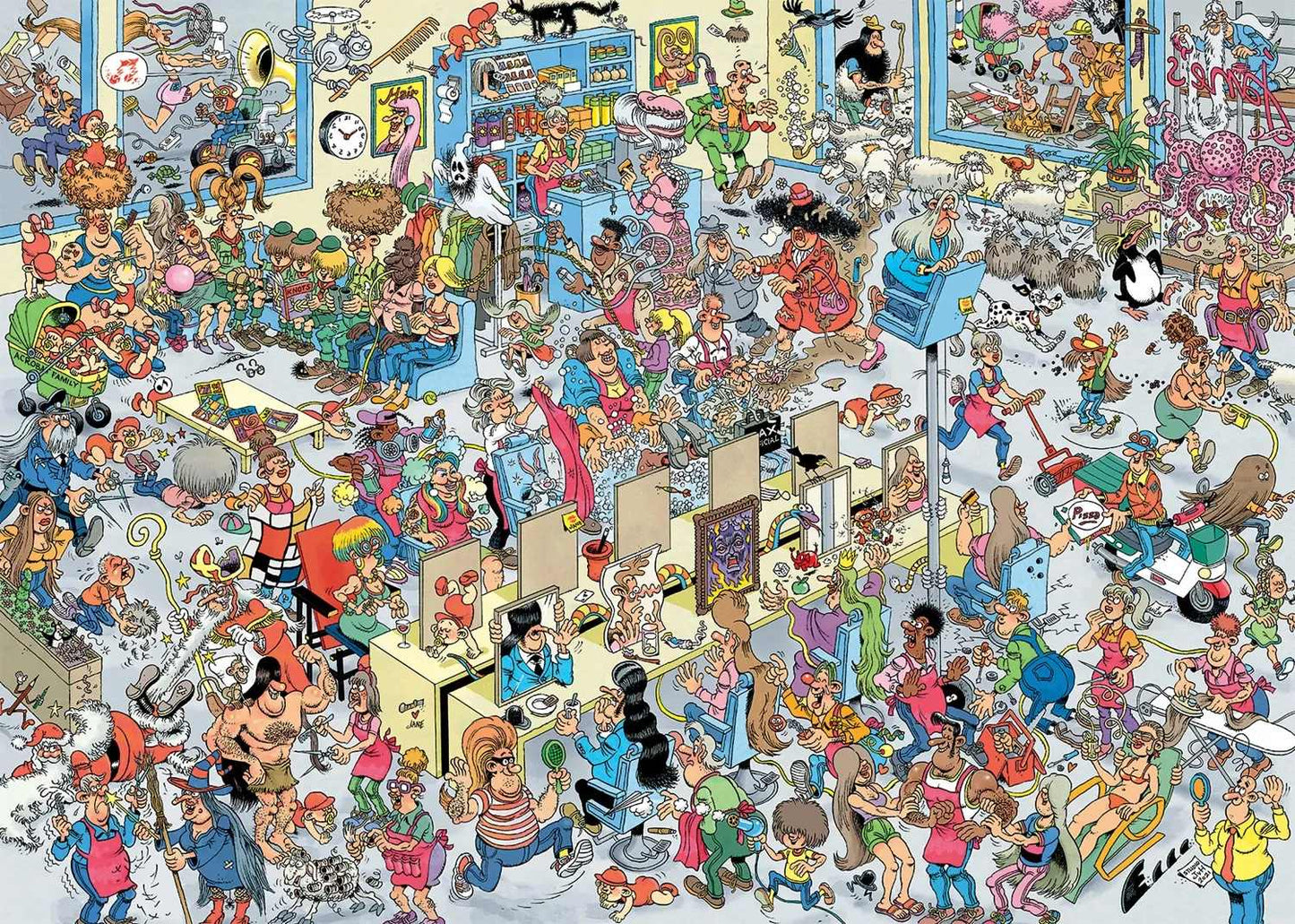 This colorful cartoon puzzle image depicts a completely chaotic hairdresser's salon overflowing with dozens of funny characters animals and strange accidents